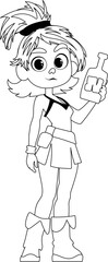 Funny and cute female pirate holding a bottle of rum. Coloring style