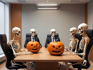 A Group Of Skeletons Sitting At A Table