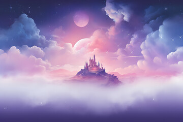 A castle atop a mountain amidst misty clouds under a moonlit purple sky - obrazy, fototapety, plakaty
