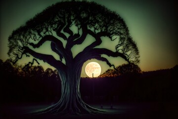 Fototapeta premium A Tree With A Full Moon In The Background