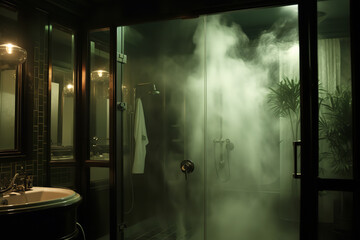 a hot shower that has filled the room with humidity
