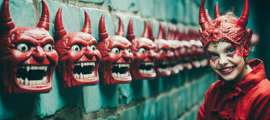 Enchanting mischievous little girl in devil costume, with a smirk, standing before a wall covered with red horned devil masks. - obrazy, fototapety, plakaty