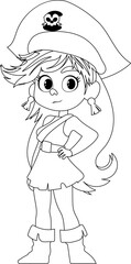 Funny and cute female pirate. Girl in a pirate costume. Coloring style
