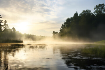  The dense fog rolls over the calm surface of a lake, creating a mysterious and serene environment on a humid morning