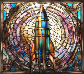 Bright colored space rocket, abstract painting in stained glass style - obrazy, fototapety, plakaty
