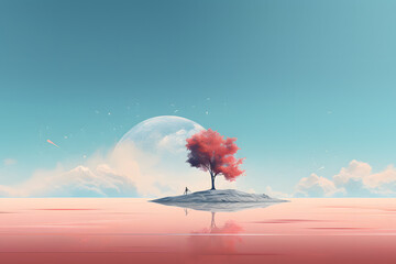 Solitary tree with red foliage stands on an islet under a vast sky with moon