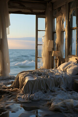 Abandoned Bedroom Overlooking a Golden Ocean Sunset