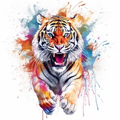 vibrant water color ink splashes full body tiger.Generative AI