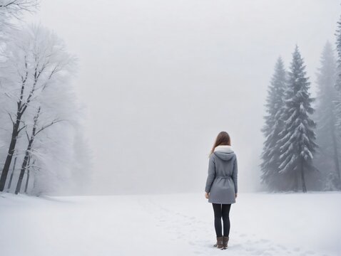 A Woman Standing In The Snow With Trees In The Background