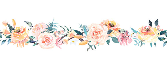 Seamless flower border.Floral pattern with leaf and rose.Seamless botanical floral rim, for cards, wedding or fabric.