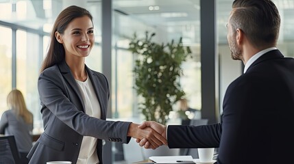 Happy Smiling mid aged business woman manager handshaking greeting client in office. Smiling female executive making successful deal with partner shaking hand at work standing at meeting table - obrazy, fototapety, plakaty