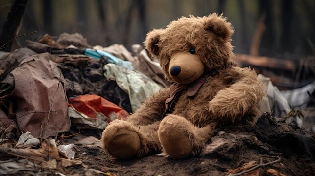  teddy bear sits amidst debris and destruction, with a fire burning in the background, evoking themes of loss, tragedy, and emotional turmoil.