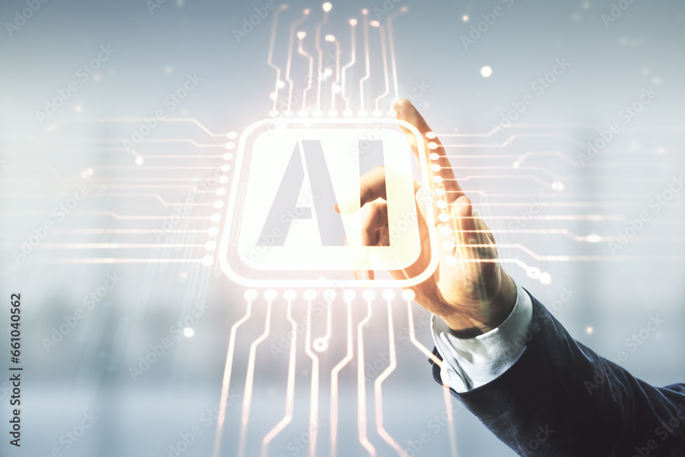 Aufkleber man hand working with abstract virtual artificial intelligence symbol hologram on blurred office bac