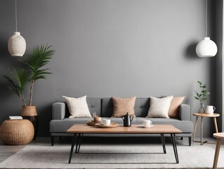 A Living Room With Grey Walls And A Grey Couch