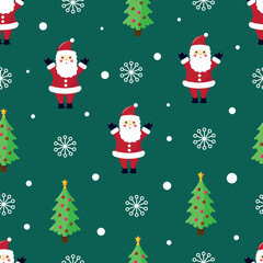 Christmas seamless pattern with Santa Claus and Christmas tree on green background