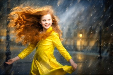 Joyful child in yellow raincoat dancing under the rain, embodying happiness.