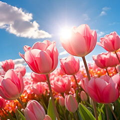 pink tulips against sky,Group purple tulips against the sky. spring landscape