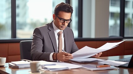 Indian business man, busy mature executive manager holding financial accounting papers checking banking income documents file report using laptop computer working in office sitting at desk