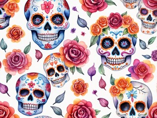 Watercolor Skull And Roses Fabric By Little _ B On Spoonflowers - Custom Fabric - obrazy, fototapety, plakaty