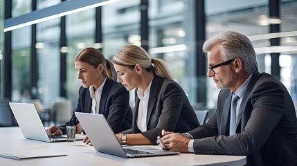 Professional business executive managers office team working using laptop computer sitting at table. Two mid aged colleagues company board discussing digital strategy at corporate meeting