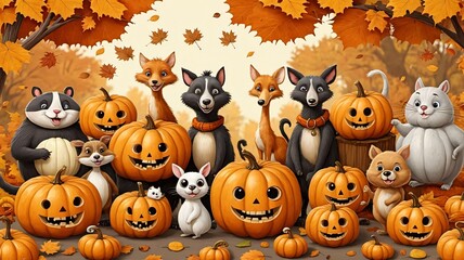 Obraz premium A Group Of Cats And Dogs Are Sitting In A Pumpkin Patch