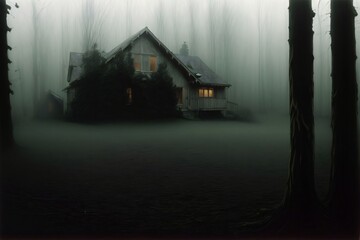 A House In The Woods With Fog
