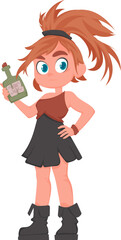 Funny and cute female pirate holding a bottle of rum. Cartoon style