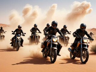 Obraz premium A Group Of People Riding Motorcycles Through The Desert