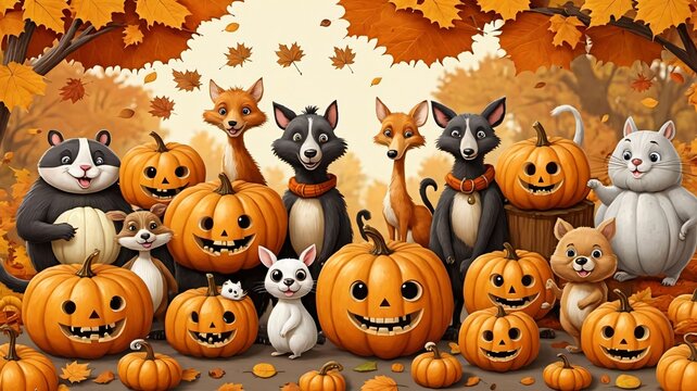 A Group Of Cats And Dogs Are Sitting In A Pumpkin Patch