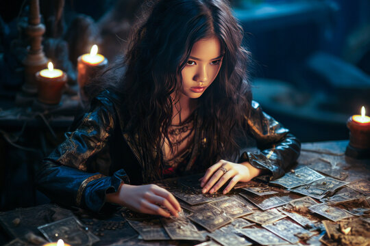Mysterious Asian tarot reader in magical setting predicting future.