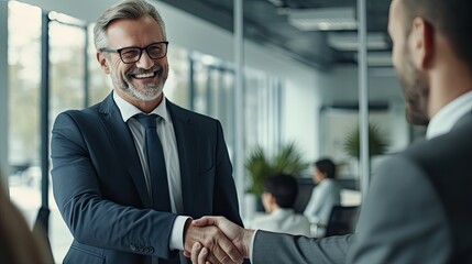 Smiling middle aged business man handshaking partner making partnership collaboration agreement at office meeting, hr manager, new worker shake hands recruiting at job interview. Welcome onboarding - obrazy, fototapety, plakaty