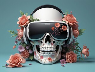 A Skull Wearing A Pair Of 3D Glasses And Flowers