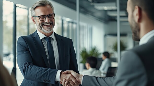 Smiling middle aged business man handshaking partner making partnership collaboration agreement at office meeting, hr manager, new worker shake hands recruiting at job interview. Welcome onboarding