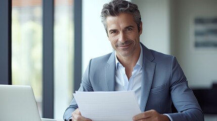 Smiling middle aged executive, mature male hr manager holding documents using laptop looking at pc computer in office at desk, checking financial data in report, doing account paper plan overview