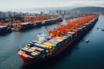 Logistics and Transportation Hub: A bustling international port with ships, containers, and advanced technology, representing the global movement of goods and the intricate logistics.