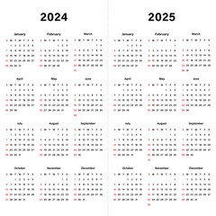 Calendar 2024 and Calendar 2025 template design. Design for plan note, agenda, office annual schedule, business, daily