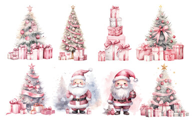 Santa claus and Christmas trees Soft Pink and Light Gray Watercolor vectors