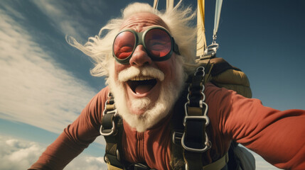 Selfie of a skydiving senior man. Extreme sport fun retirement adventure