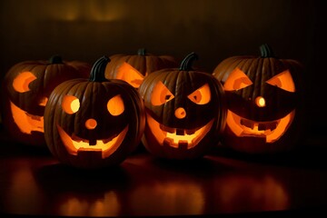 A Group Of Carved Pumpkins With Glowing Faces