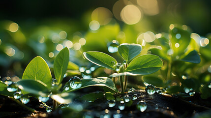 Morning Dew: Close-Up of Green Leaves with Dew Drops,water drops on leaf,green leaves in the sun - obrazy, fototapety, plakaty