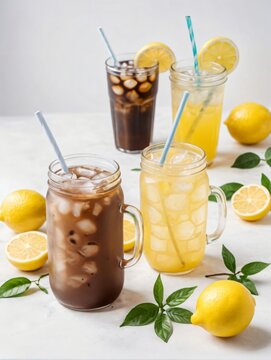 Three Glasses Of Iced Coffee With Lemons And Mint