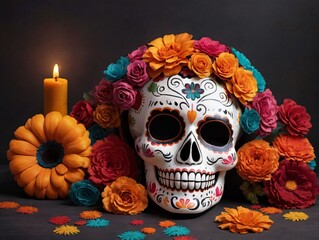 A Skull With Flowers And Candles
