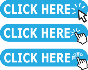 Click here button with arrow pointer clicking icon. Click here vector web button. Web button with action of arrow pointer. Click here, UI button concept. Vector illustration