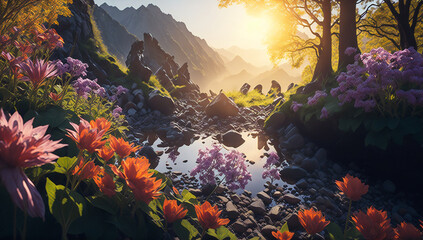 Obraz na płótnie Canvas Sunrise Spring Flower Garden stream waterfall - AI Generative
