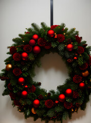 Fototapeta na wymiar festive wreath distant view bright artificial lighting
