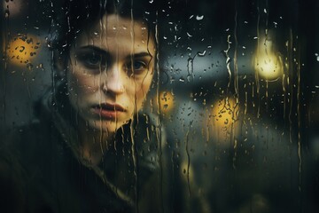 Melancholische Frau am regnerischen Fenster: Herbstliche Sehnsucht und Winterdepression - obrazy, fototapety, plakaty