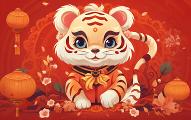 Chinese Zodiac Year of the Tiger Illustration,,created with Generative AI tecnology.