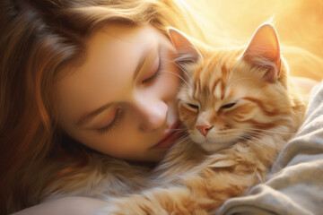 The woman and the cat are sleeping, their faces close. A peaceful and trusting sleeping expression. A concept for daily growth, achievement, and love.