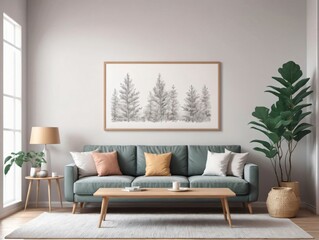 A Living Room With A Green Couch And A Large Plant