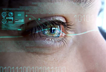 Foto op Aluminium Human eye with cyber retinal recognition for neuro link connection, smart lens eyes, vision diagnostics. Augmented virtual reality in metaverse. AI artificial intelligence. © TSViPhoto